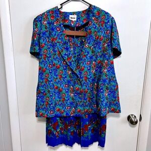 Vintage Leslie Fay Dresses 2pc Set Button Up Floral Blazer Top Skirt Size 14